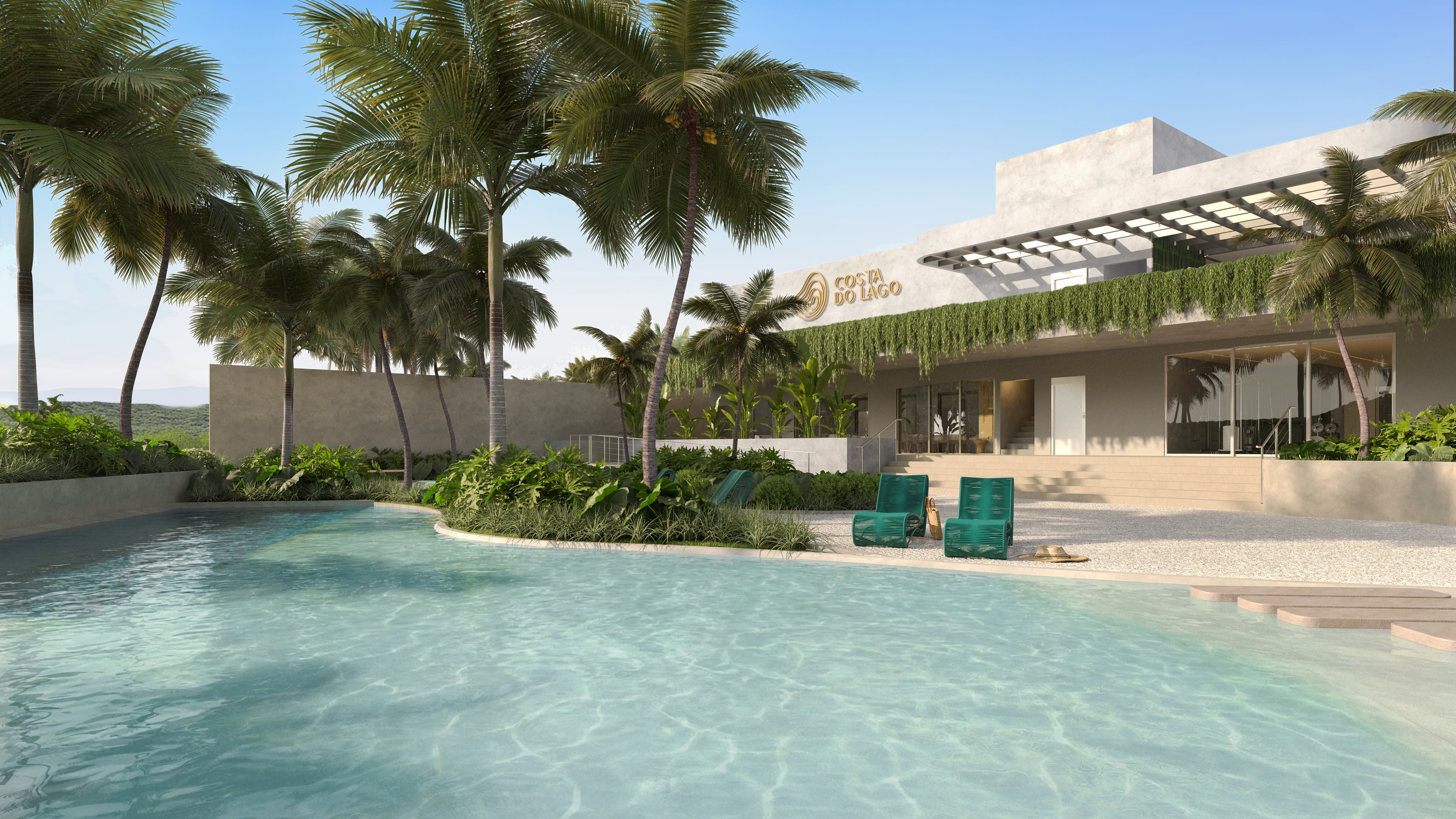 Resort com piscina e paisagem tropical